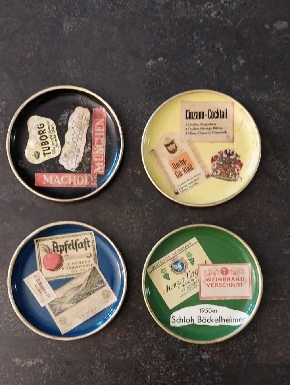 Rare-Vintage-Decorative Alcohol Themed Round Metal Drink Holders - Mixed Labels